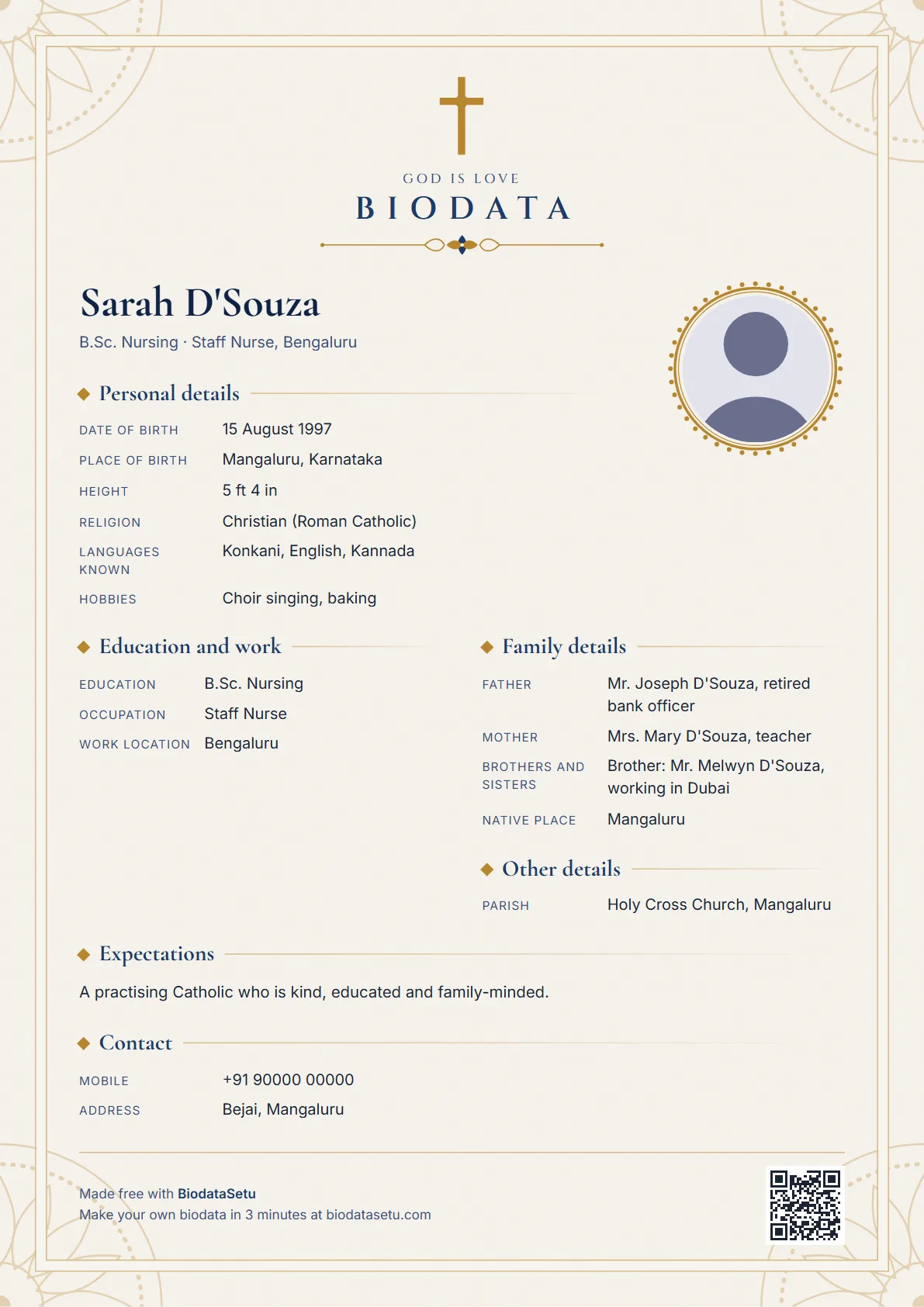 Christian marriage biodata format sample: Saral design, in English