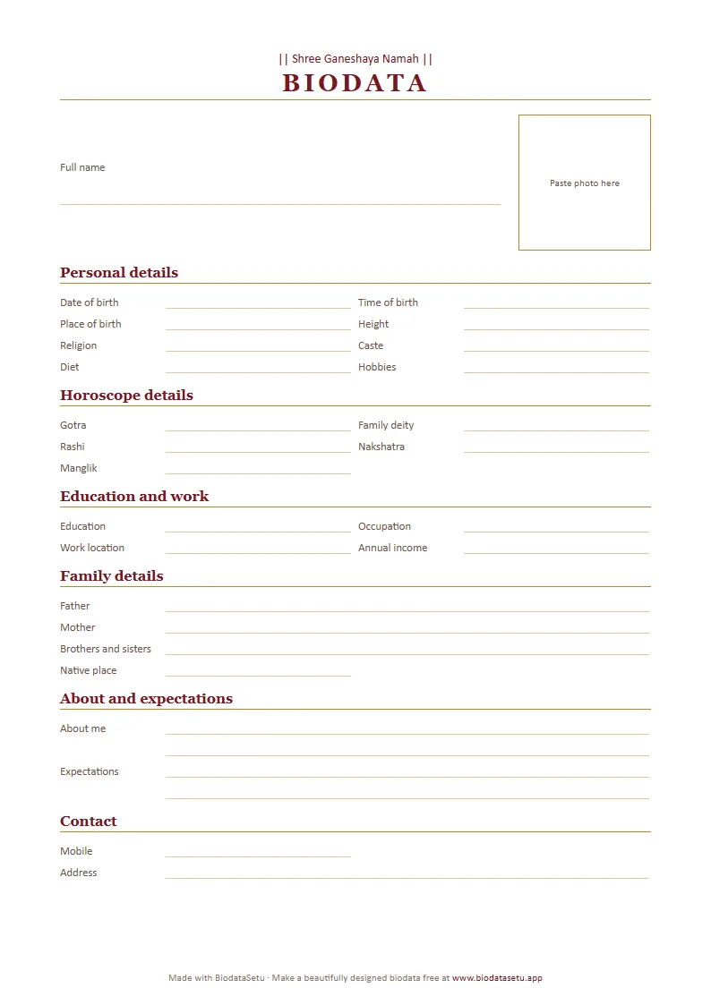 Blank English marriage biodata format in Word
